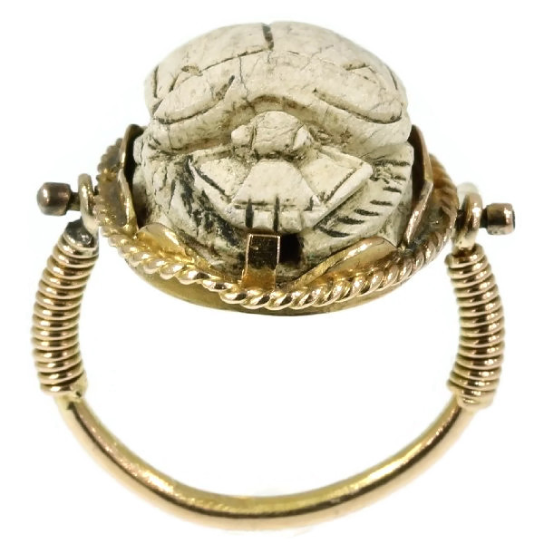 Typical Egyptian scarab ring with cartouched scarab set in gold swivel ring (image 4 of 15)